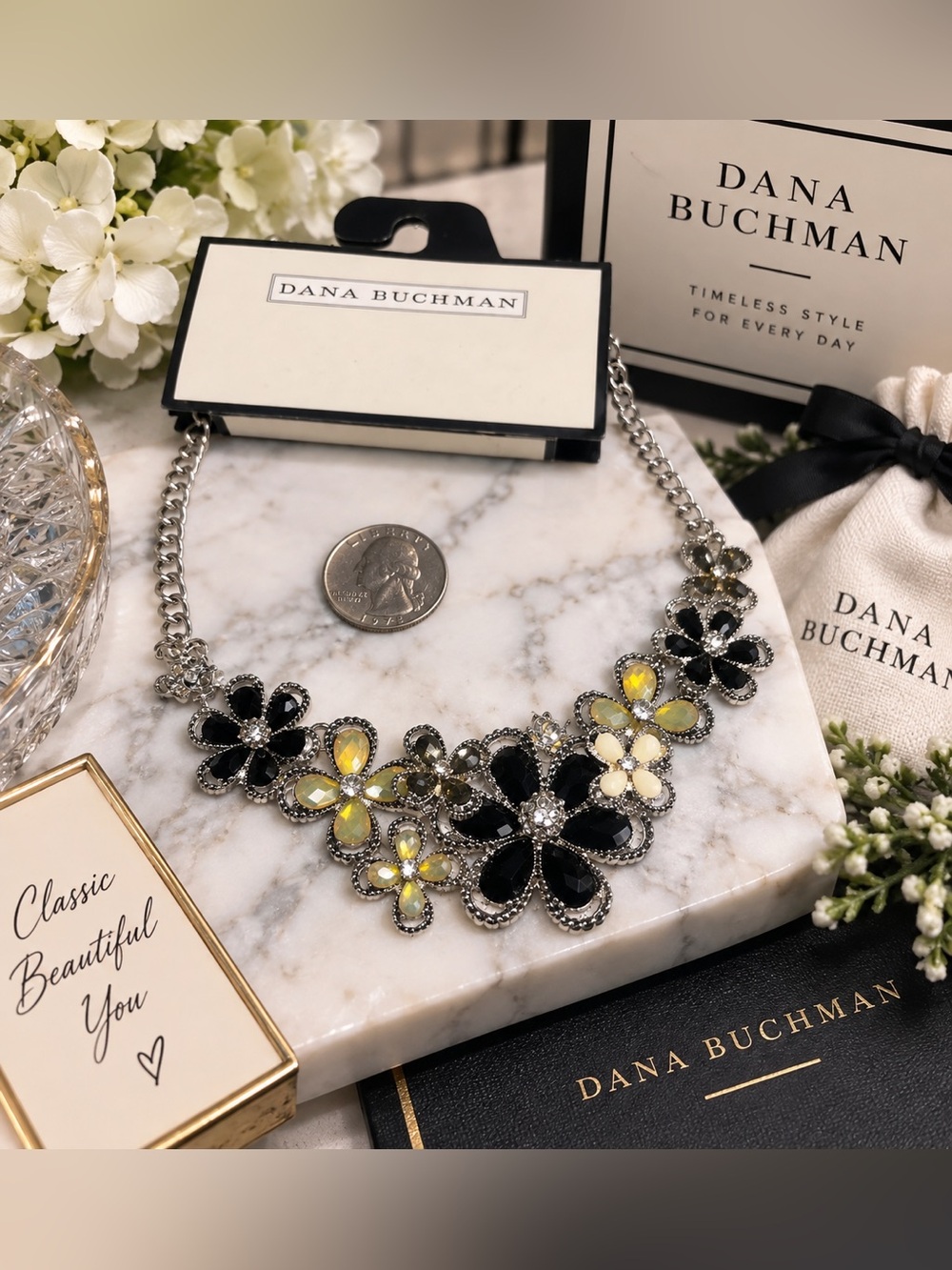 NWT Dana Buchman Floral Statement Necklace – Black Yellow Cream